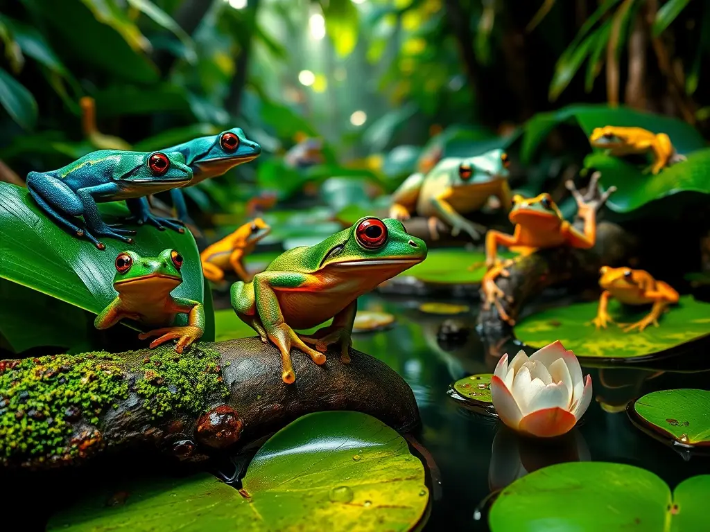 Selva vibrante con ranas reales y coloridas