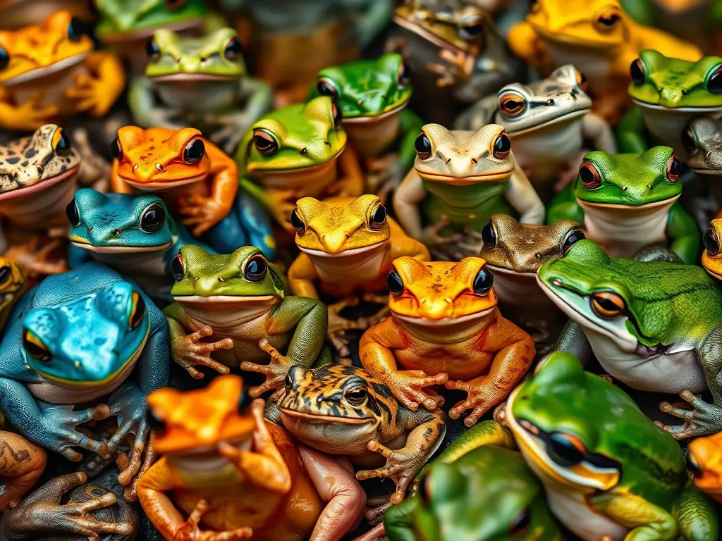 Una fotografía realista de frogs y ranas españolas vibrantes y con detalles, nombrando cada especie