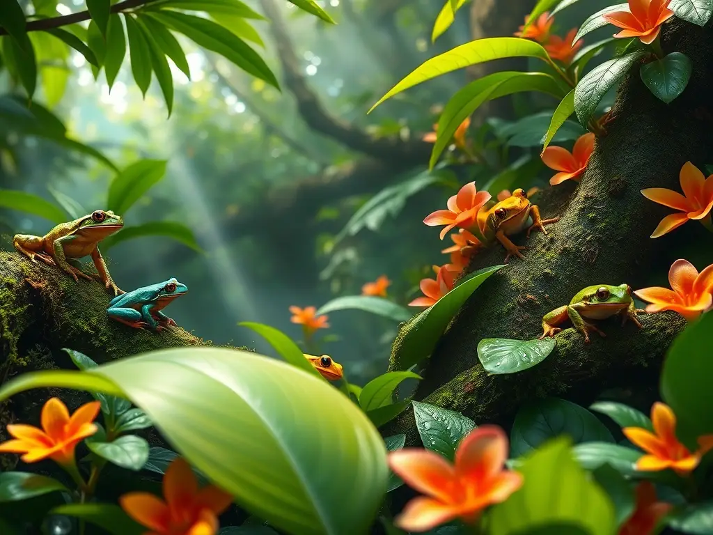 Escena fotorrealista de ranas vibrantes en selva