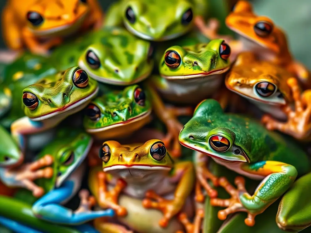 Fotografía realista de 8K para un libro de guía de ranas con variedad de colores y texturas