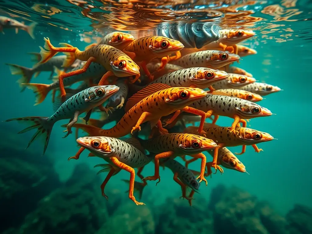 Fotografía realista de ajolotes recién emergentes con detalles precisos