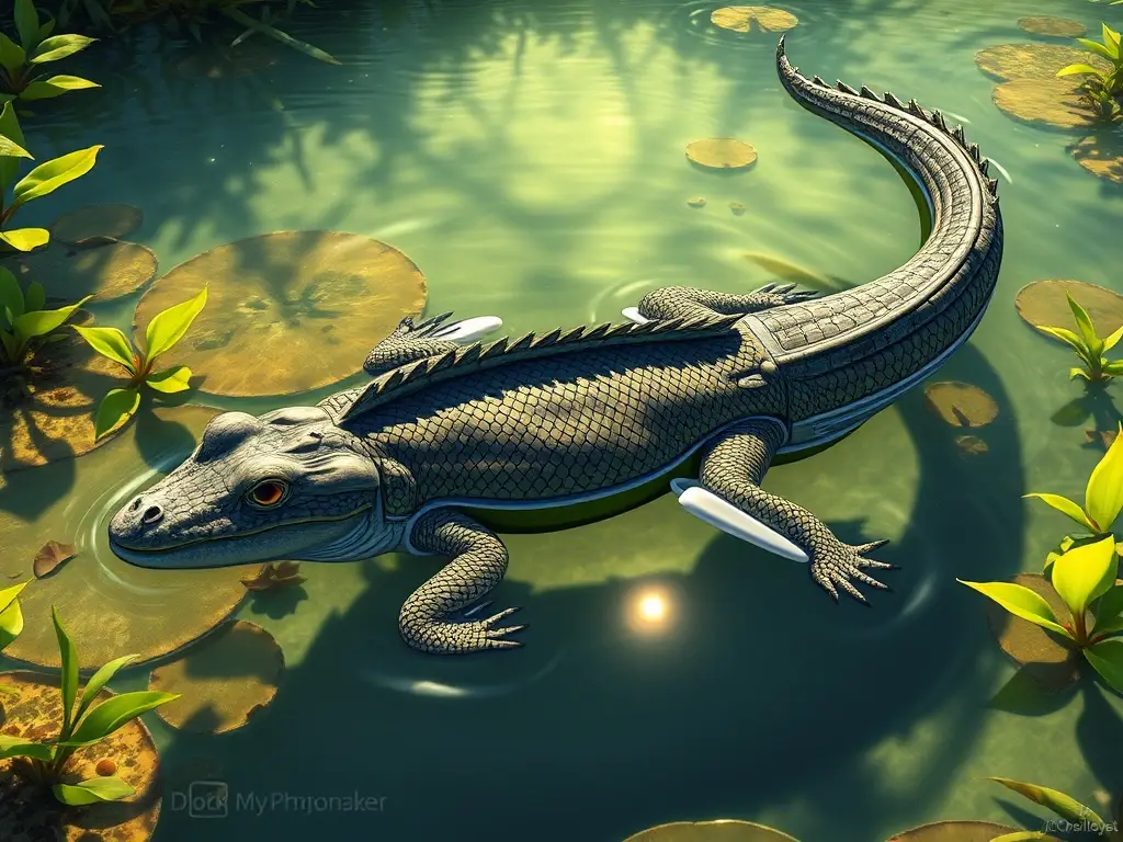 Ilustración realista de ajolote bajo agua, en un lago brillante