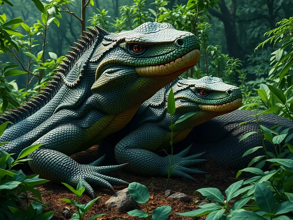 Un retrato realista que retrata a lagartijas gigantes