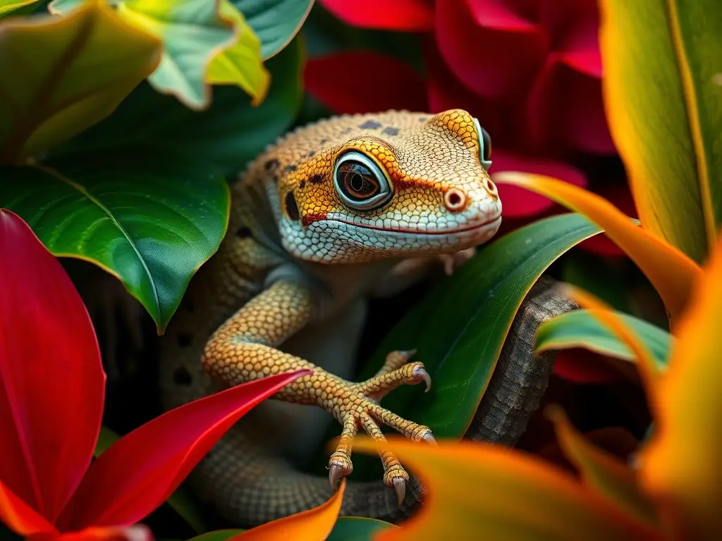 Un retrato realista de un gecko en plantas tropicales