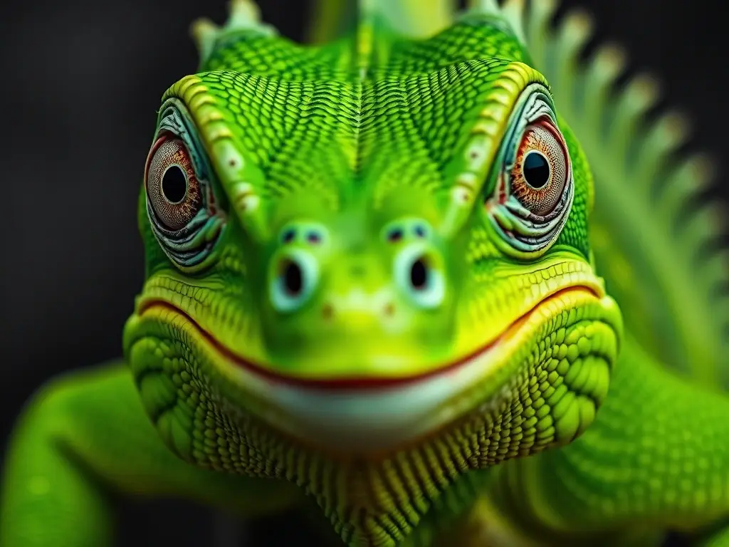 Retrata una iguana verde con tres ojos grandes y realismo 8k