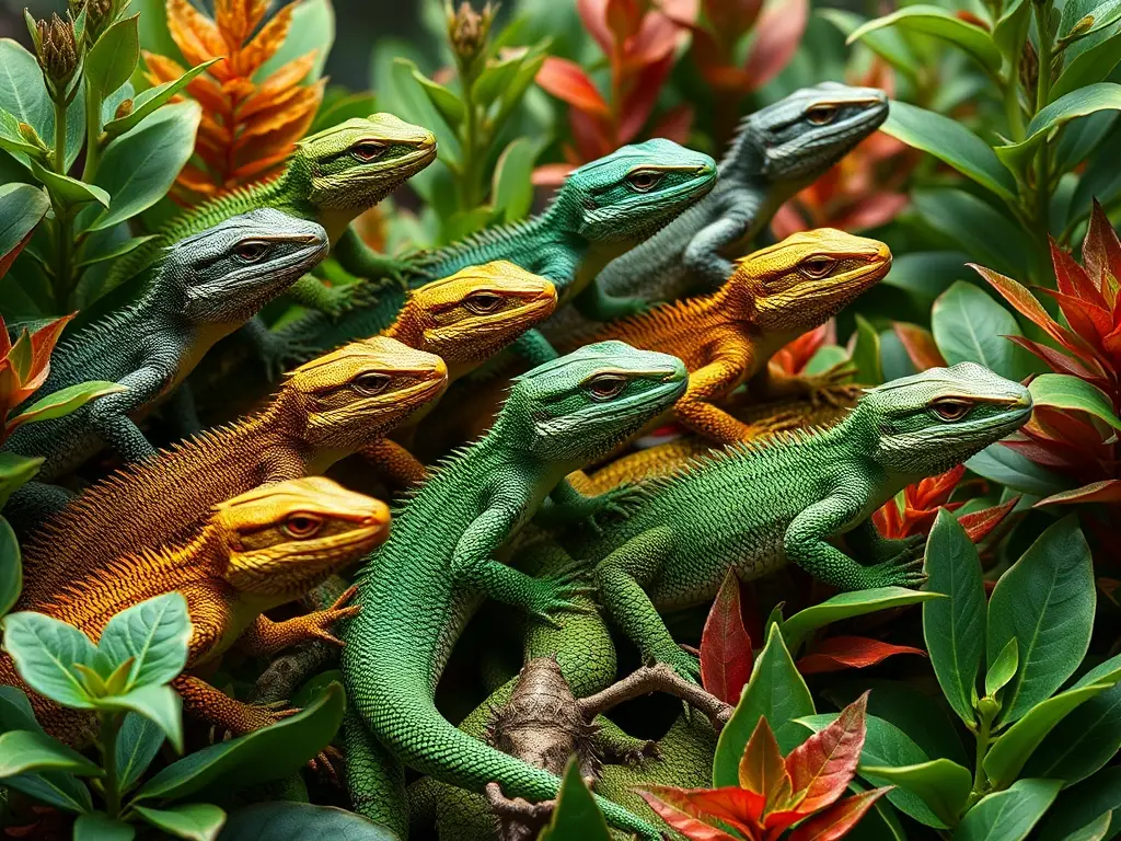 Foto realista, 10 lagartijas fantasiosas en un paisaje vibrantes