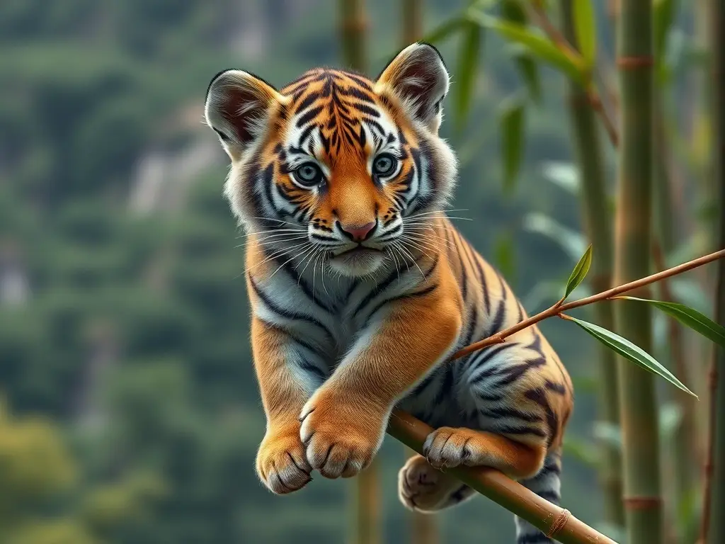 Imagen realística de un tigrecillo chino en un bambú en un bosque montañoso