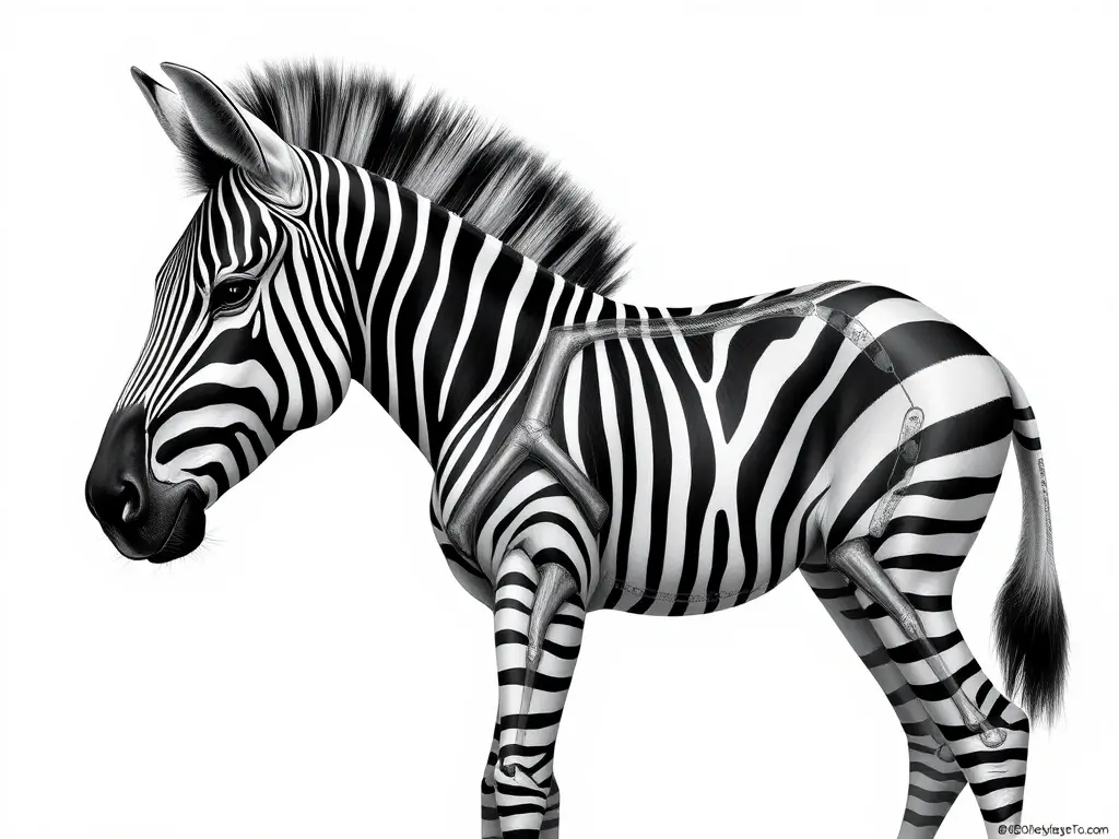 Ilustración realista de foale de zebra, anatomía precisa, con detalles