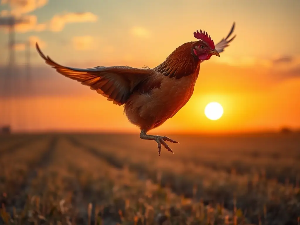 Fotografía realista de pollo de plumas con alas abiertas en atardecer