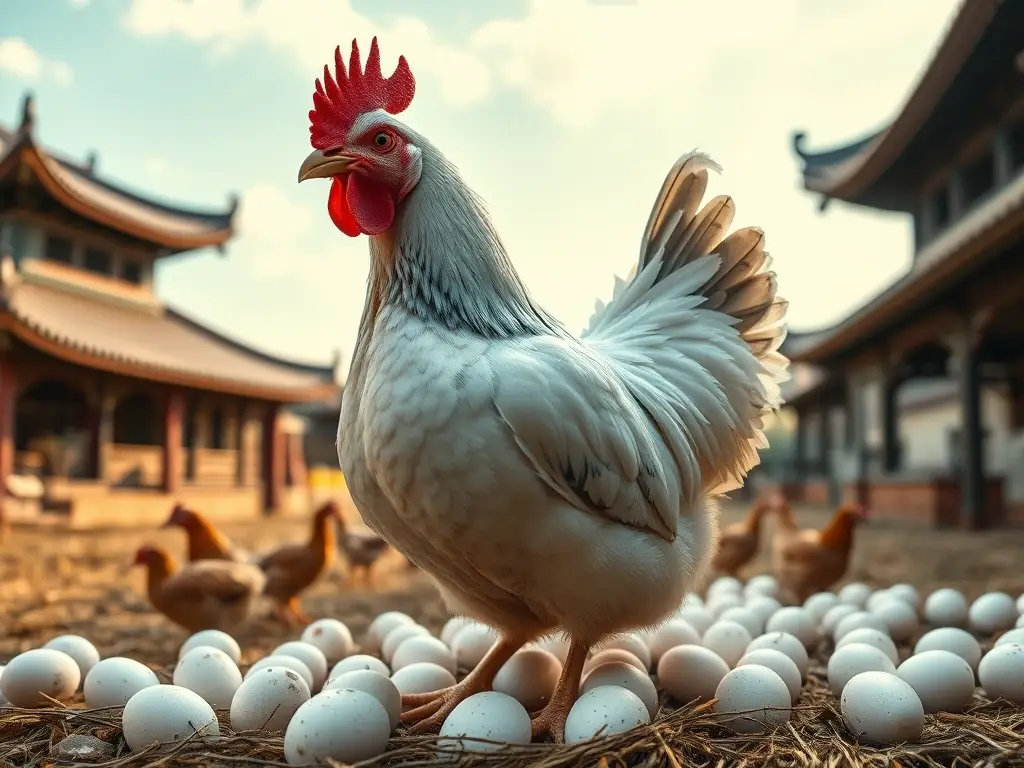 Representación artística de una gallina laying huevos en China