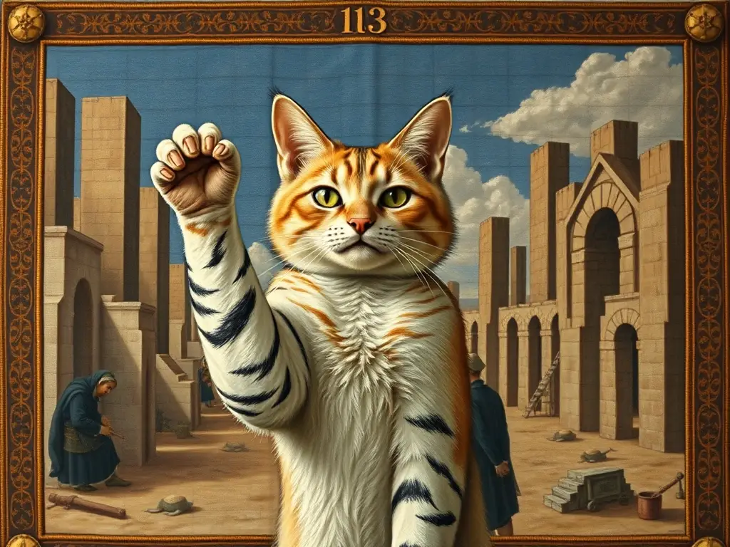 Fotografía realista de una tapiscaria medieval con un gato levantando el pie sobre ruinas anticuadas
