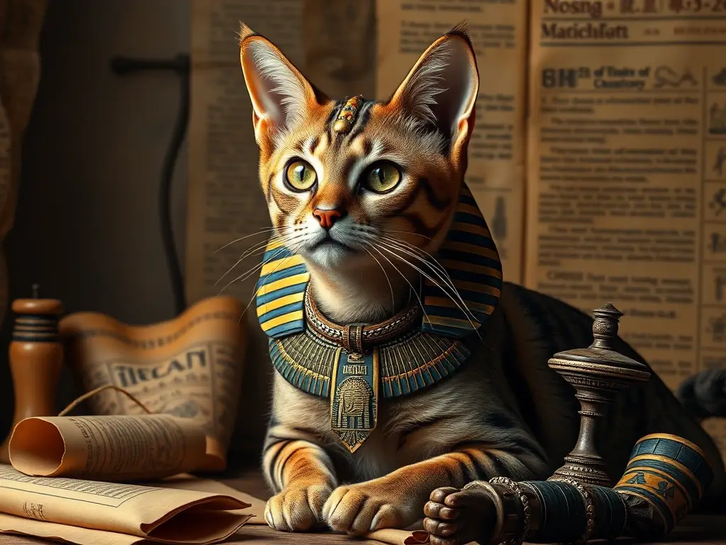 Fotorealista retrato de un gato egipcio con collar tradicional