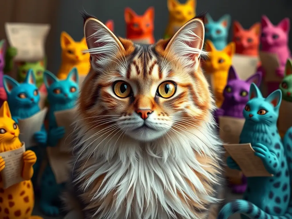 Un retrato realista de un gato doméstico rodeado de felinos con pergaminos