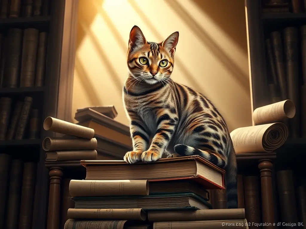 Fotografía realista de un gato Bengal en un libro antiguo