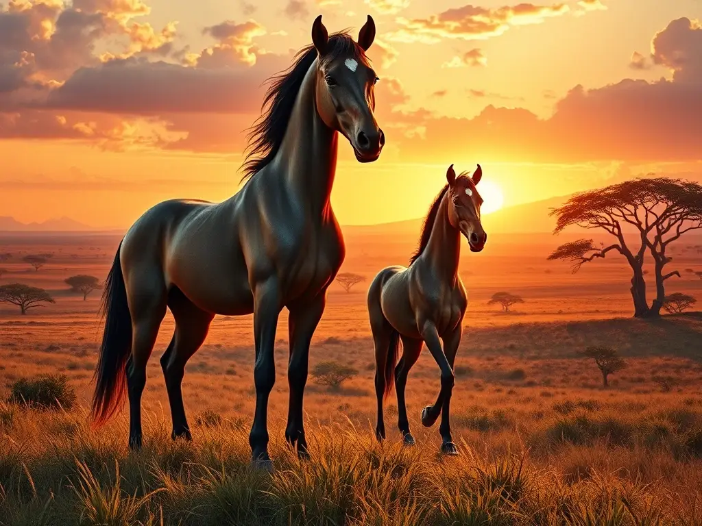 Caballos prehistóricos en savanna al amanecer