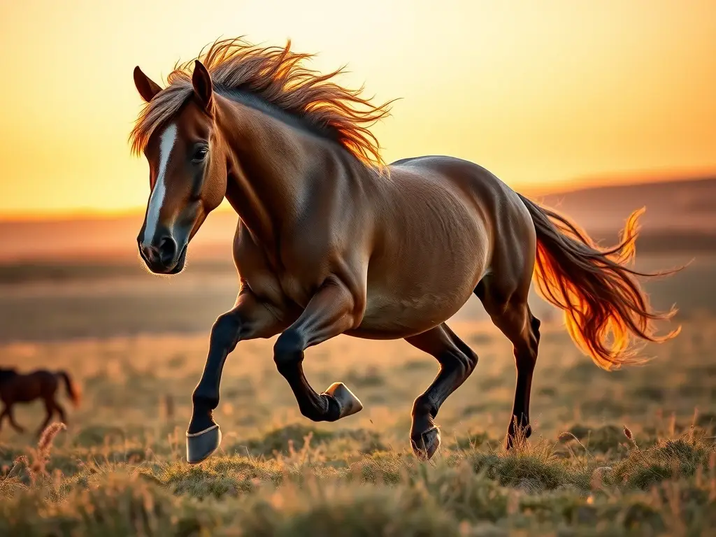Fotografía realista de un pony del estepas corriendo en un atardecer
