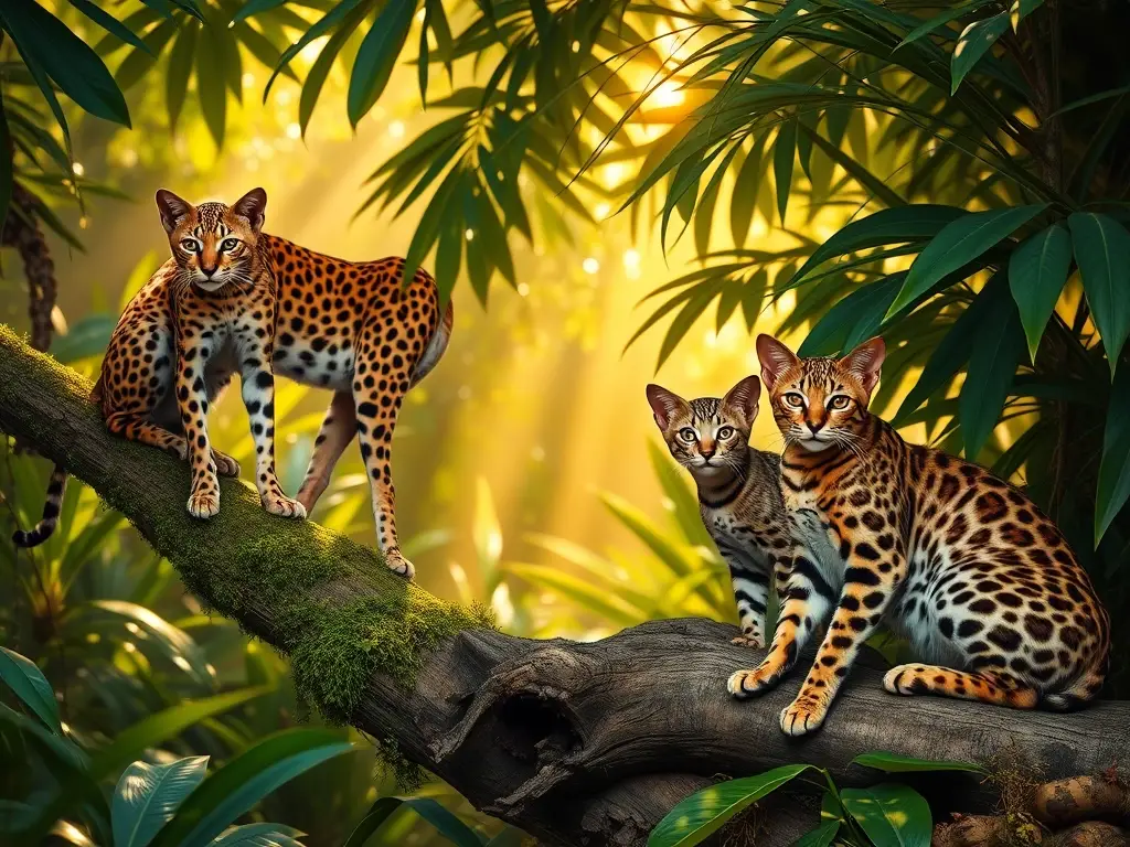 Tres exóticos felinos en selva exuberante