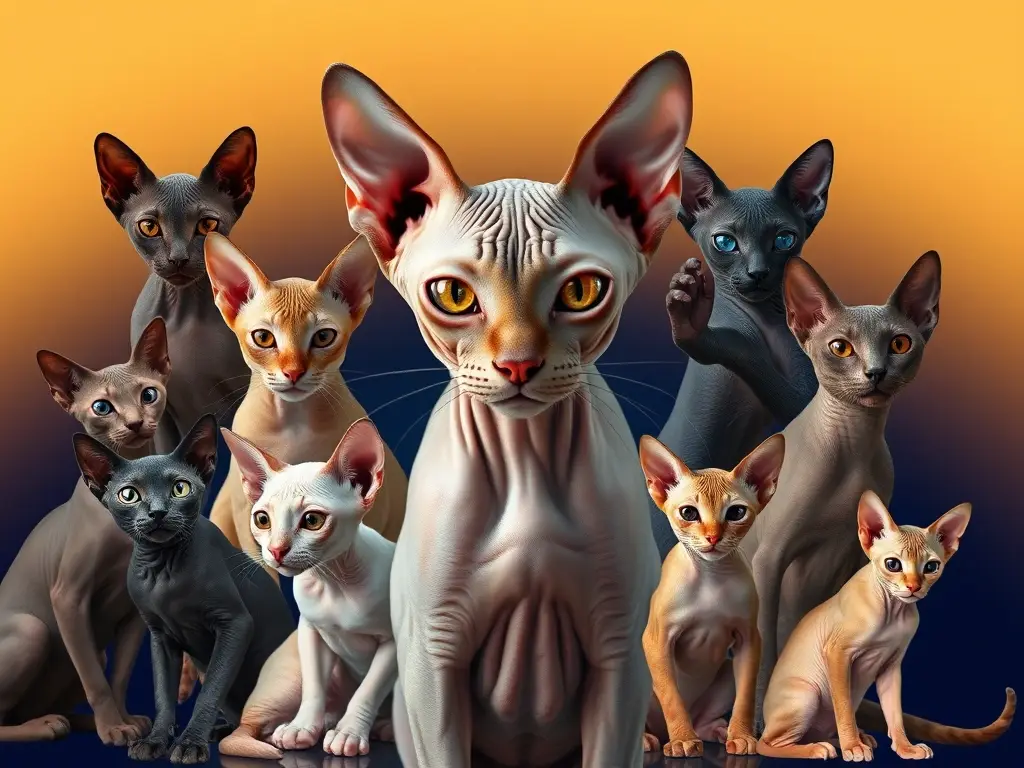 Collage fotorrealista de 16 gatos sin pelo