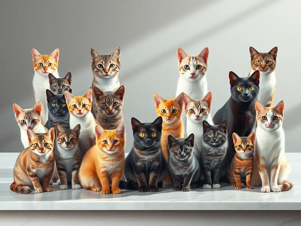 Collage fotorrealista de 16 gatos exóticos