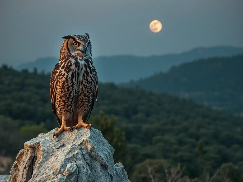 Imagen realista, de un búho águila europeo, a la luz de la luna en un paisaje mediterráneo