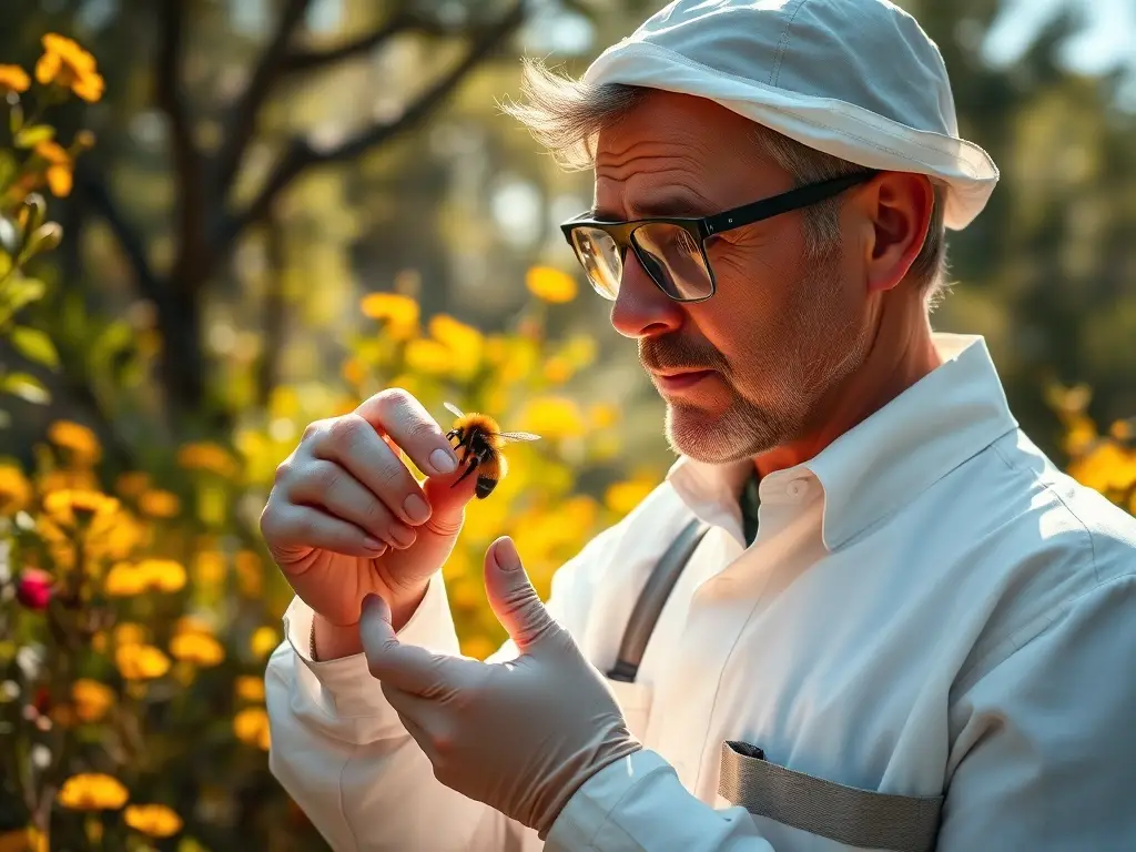 Fotografía detallada de un entomologo observando una abeja en un bosque mediterráneo