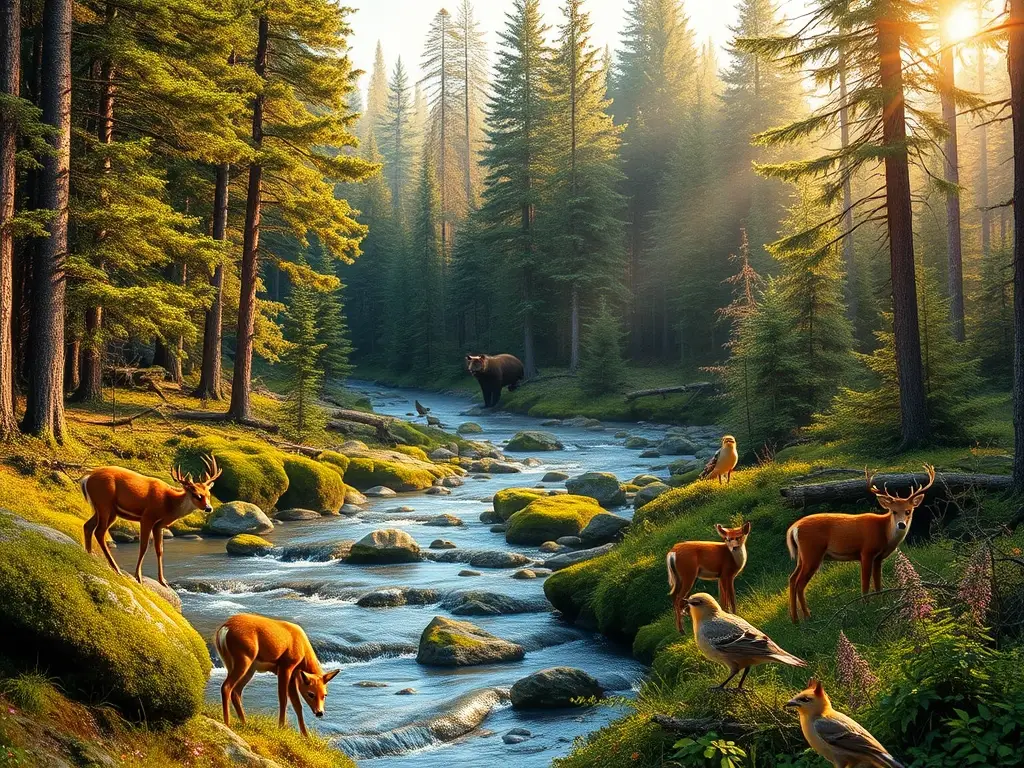 Ilustración fotorrealista de bosque templado