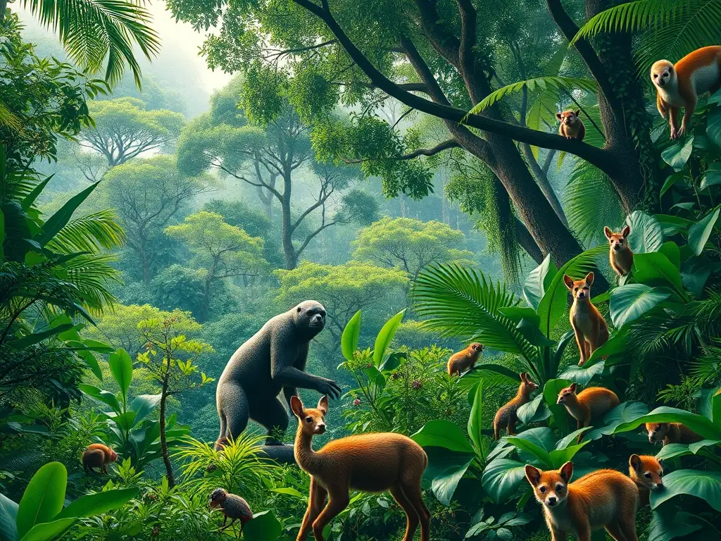 Foto realista de un jungla vibrante con fauna diversa
