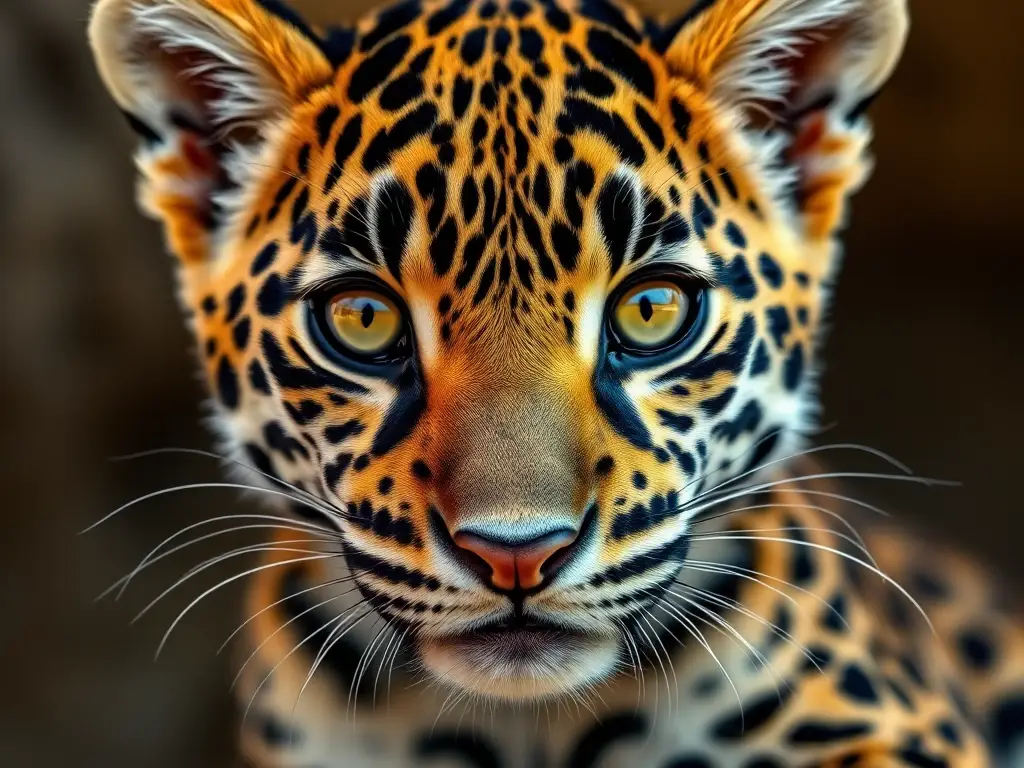 Photorealistic close-up portrait of a golden-eyed jaguar cub