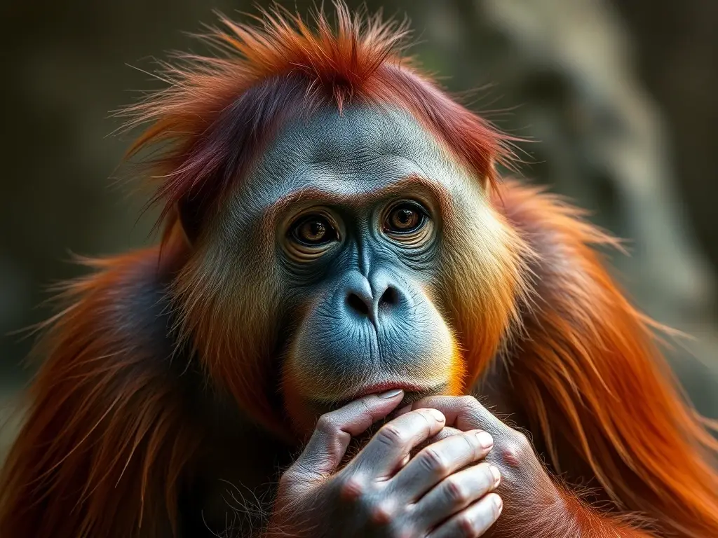 Un retrato realista de orangután sumatrán con iluminación natural, detallados y sin elementos artificiales