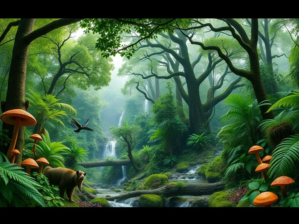 Paisaje realista de bosques templados con vida animal rica