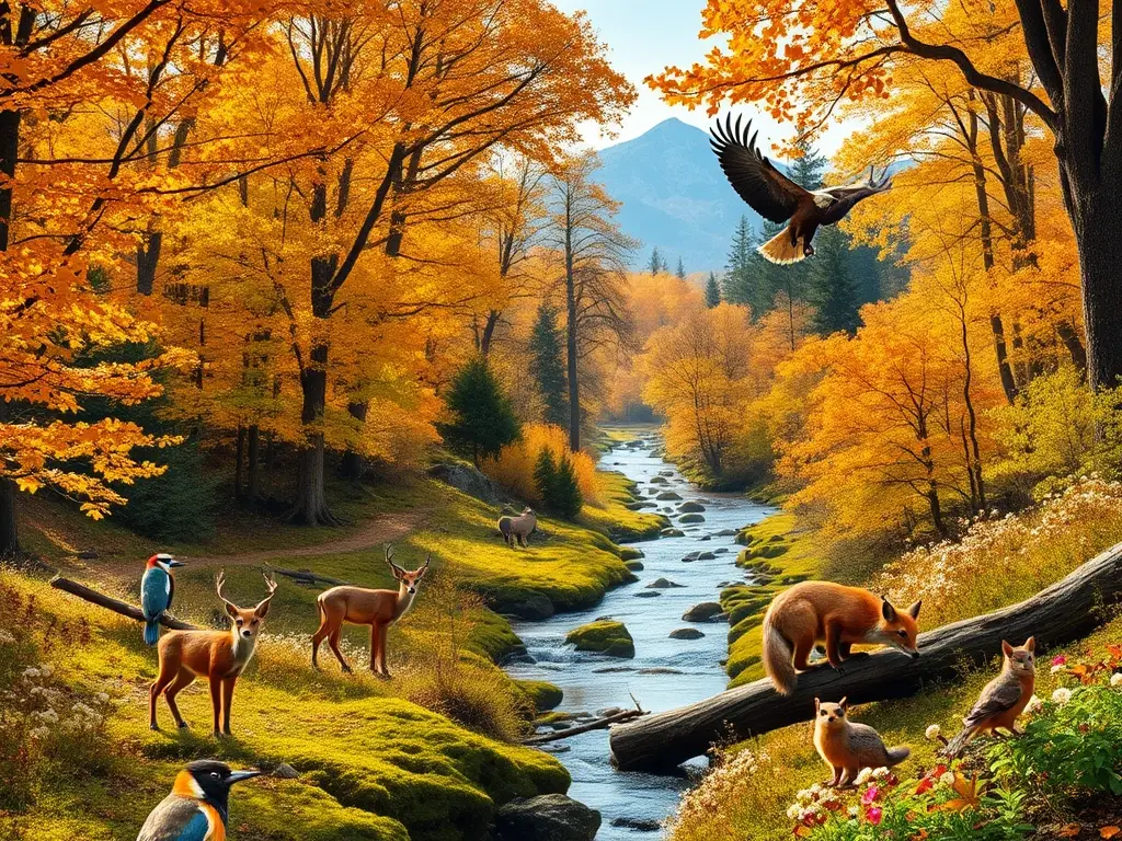 Bosque otoñal vibrante con fauna y arroyo