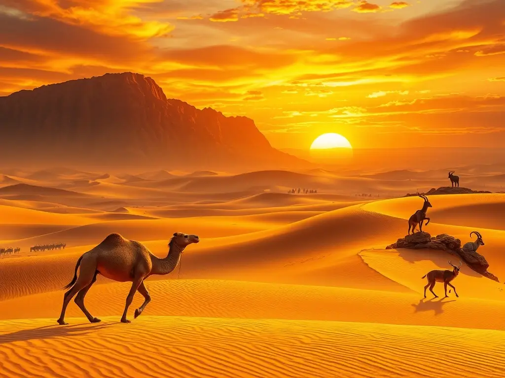 Desierto al atardecer con camello y fauna