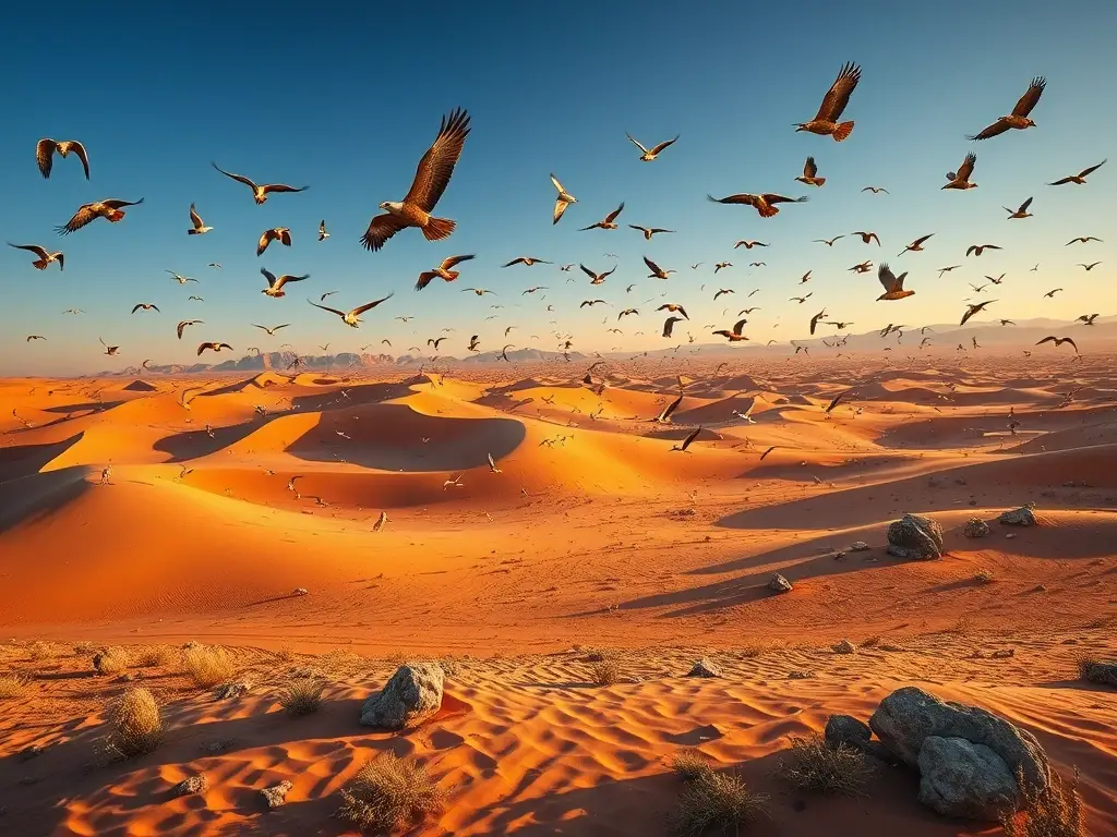 Desierto dorado con aves hiperrealistas