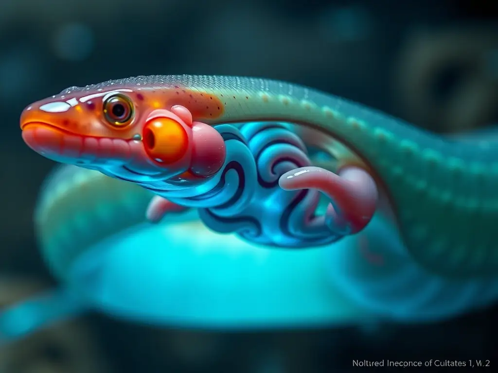 Imagina una fotografía realista de un pez vela con bioluminescencia y órganos internos