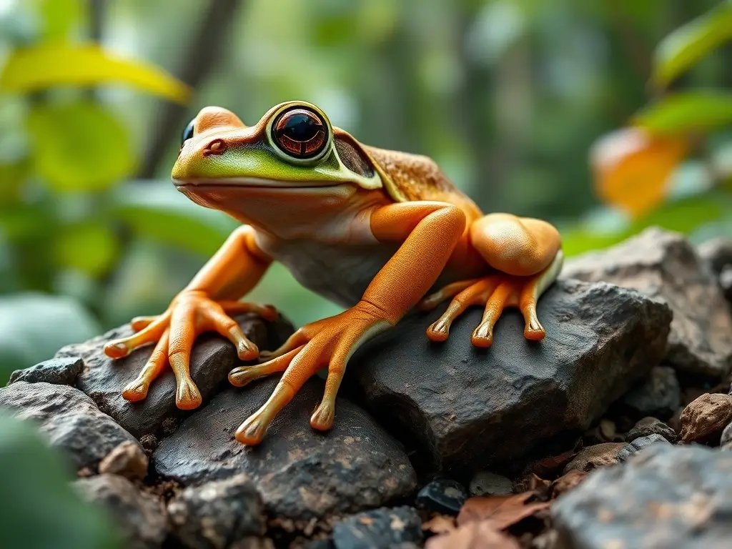 Un rana majestuosa con pies webados detallados sube un monte en un bosque frondoso