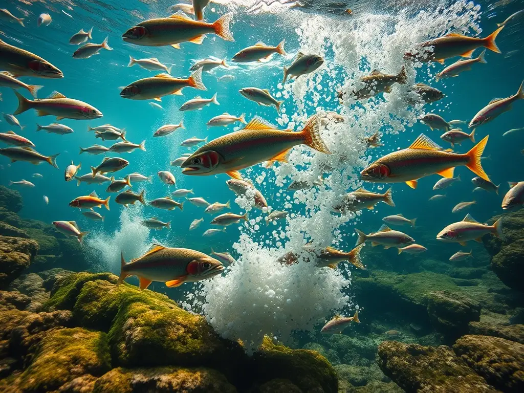 Escena submarina fotorealista de desove de peces