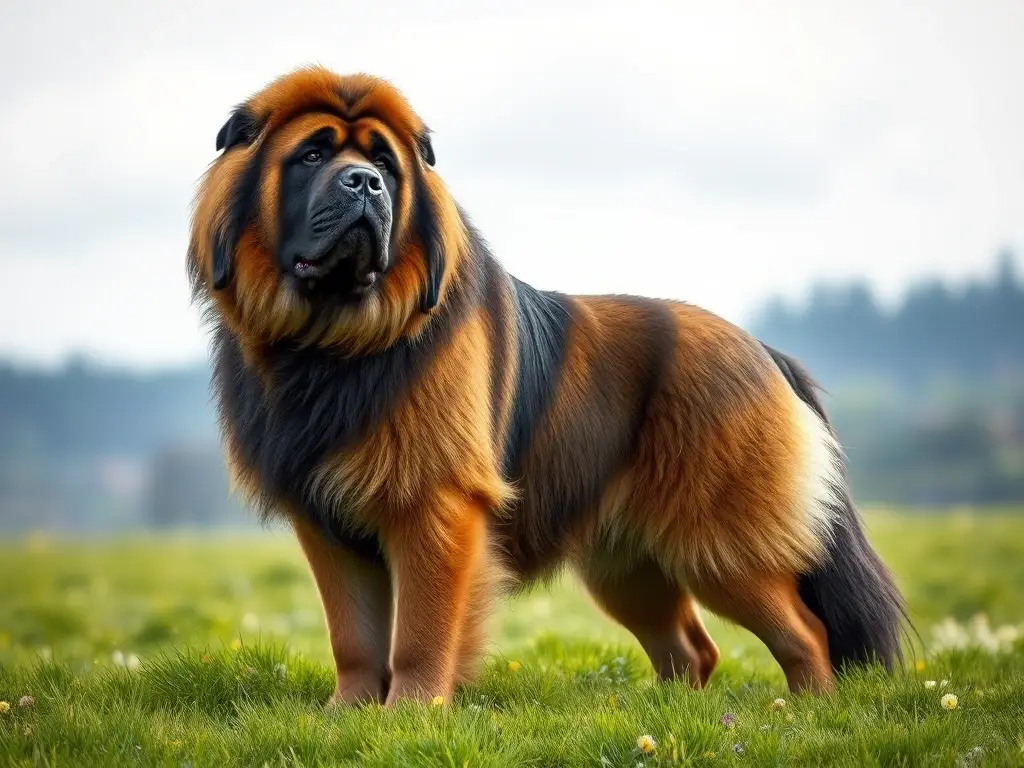 Foto realistic de unaTibetan Mastiff hembra en un prado verde