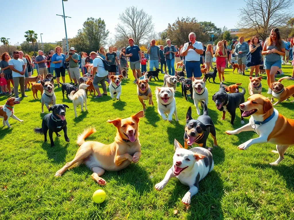 Un parque de perros vibrante y dinámico con perros jugando