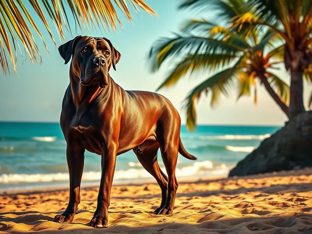 Imponente Fila Brasileiro en playa brasileña