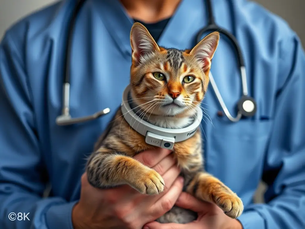 Fotografía realista de un veterinario con un gato con collar de Fipronil