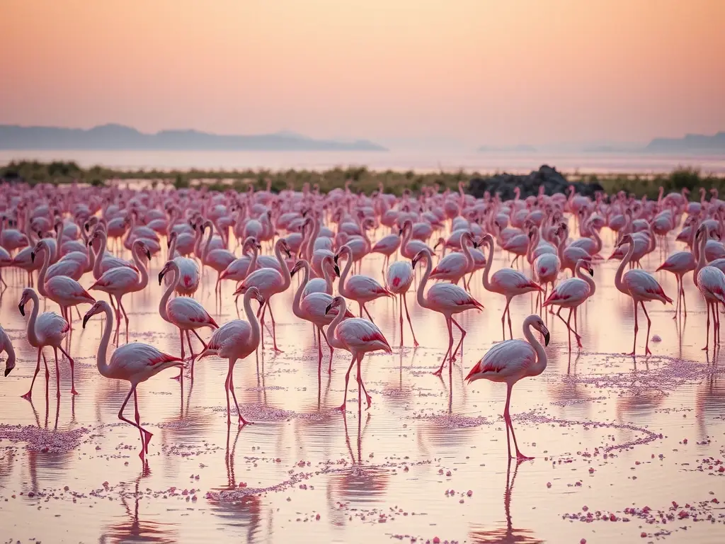 Colonia de flamencos en humedal al amanecer
