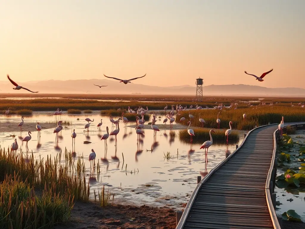 Amanecer fotorrealista en humedal protegido con flamencos
