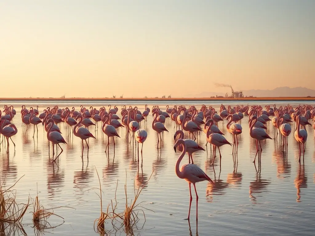 Flamencos rosados en laguna al amanecer, amenaza