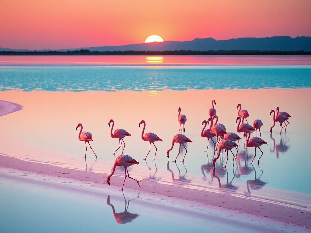 Lago turquesa al amanecer con flamencos