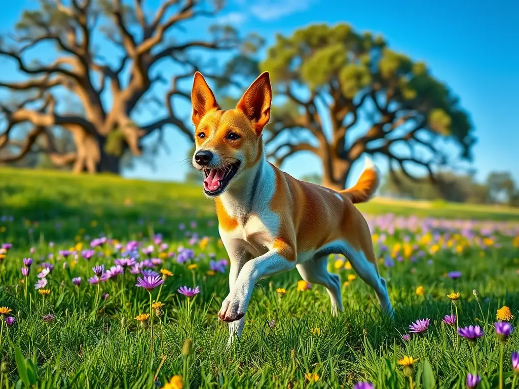 Un terrier juguetón de pelo de cobre, corriendo en un paisaje exuberante