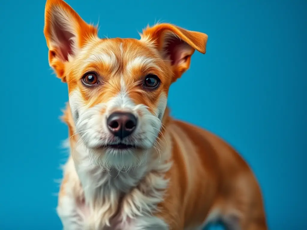 Fotorealisticas, de un fox terrier de pelo rojizo y blanco, mirando al espectador