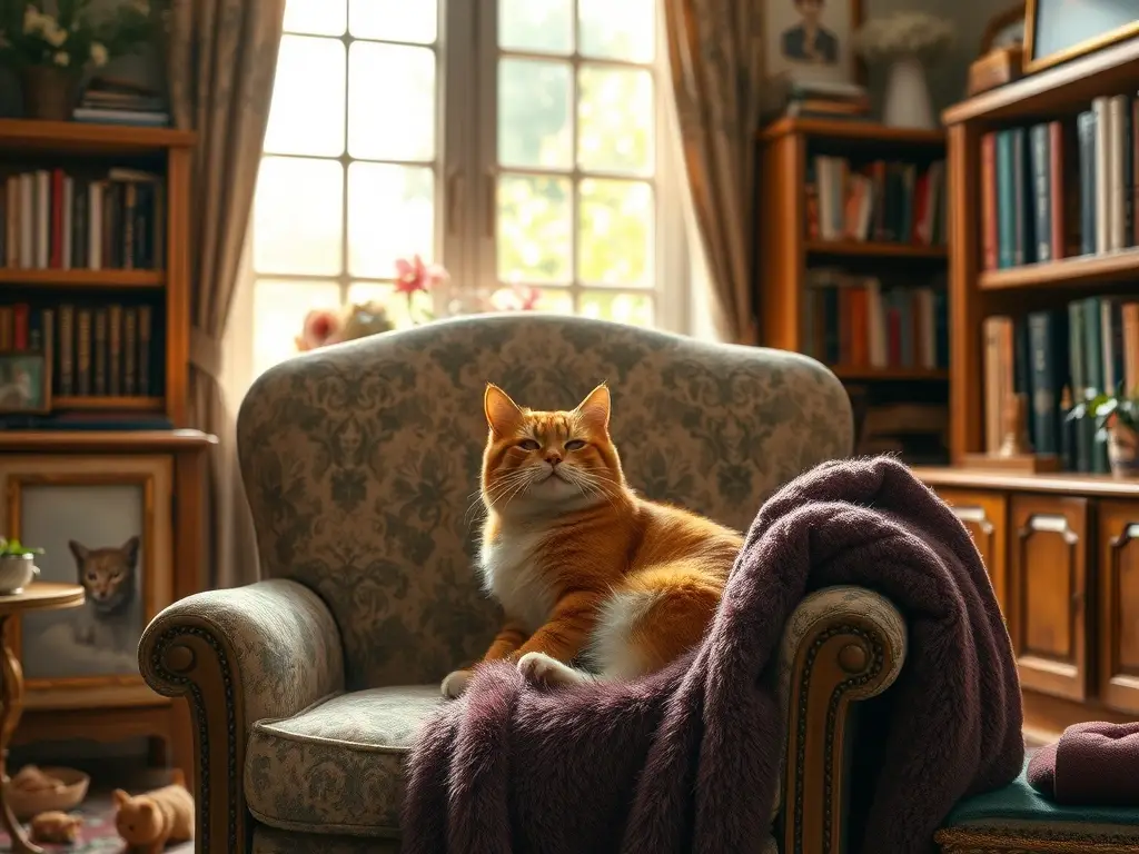 Un cat cozy y realista en un salón cálido