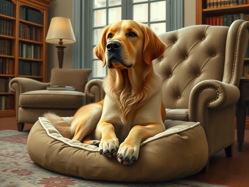 Un retrato realista de un labrador dorado tranquilo en un sillón con una antigüedad