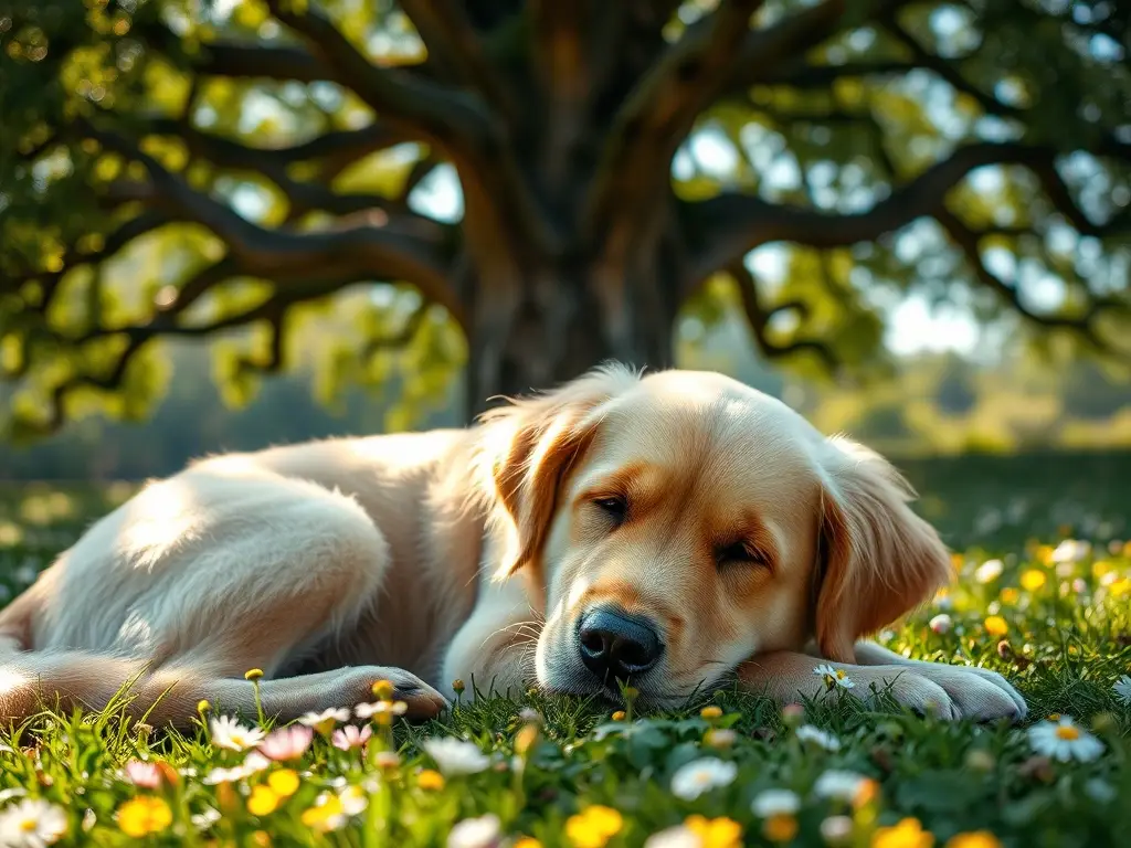 Un labrador se relaja en flores
