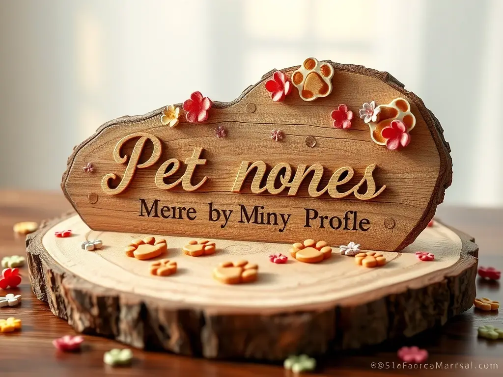 Imagen realista de centro con nombres pet escritos en madera y huellas de paw